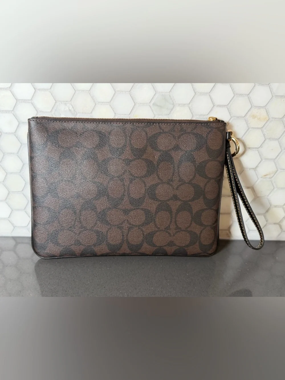 Coach Large PVC Signature Canvas Zip Wristlet Clutch with Gold Hardware EUC